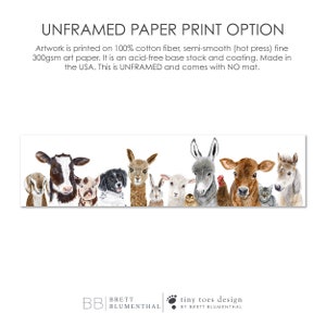 May include: A watercolor illustration of a row of farm animals, including a cow, pig, dog, alpaca, rabbit, sheep, donkey, rooster, and cat. The animals are all looking at the viewer. The illustration is on a white background.  BB Brett Blumenthal tiny toes design by Brett Blumenthal