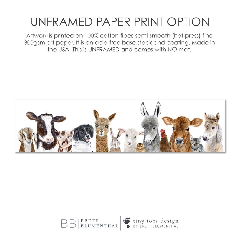May include: A watercolor illustration of a row of farm animals, including a cow, pig, dog, alpaca, rabbit, sheep, donkey, rooster, and cat. The animals are all looking at the viewer. The illustration is on a white background.  BB Brett Blumenthal tiny toes design by Brett Blumenthal