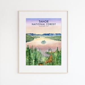 Cartel del Bosque Nacional Tahoe, Parque Estatal Lake Tahoe, Impresión de arte de viaje Tahoe, Decoración de vivero de senderismo, Acuarela del lago Emerald Bay, California