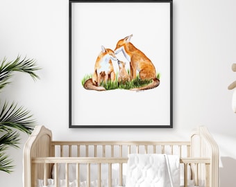 Kunstprint met vossenfamilie voor een babykamer met bosthema | Aquarel babykamerdecoratie