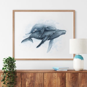 Humpback Whale Print, Ocean Nursery Wall Art, Nautical Nursery Decor, Sea Animal Nursery Art, Ocean Print, Mom and Baby Whale Watercolor image 2