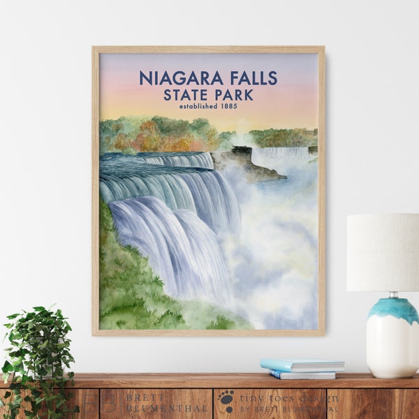 Affiche des chutes du Niagara, art new-yorkais, impression des chutes du Niagara, aquarelle des chutes américaines, affiche de voyage, peinture cascade, icône de l'Amérique du Nord