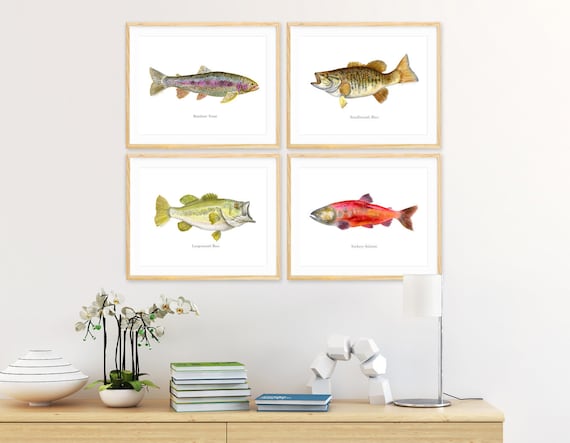 Lake Fish Art, Fish Watercolor Print Set, Fish Wall Art Set, Fishing Prints, Fly Fishing Gift, Fish Wall Art, Lake House Cabin Fish Decor