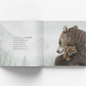 May include: A watercolor illustration of a brown bear hugging a smaller fox cub. The image is accompanied by a poem about strength, with the word "strength" highlighted in bold.