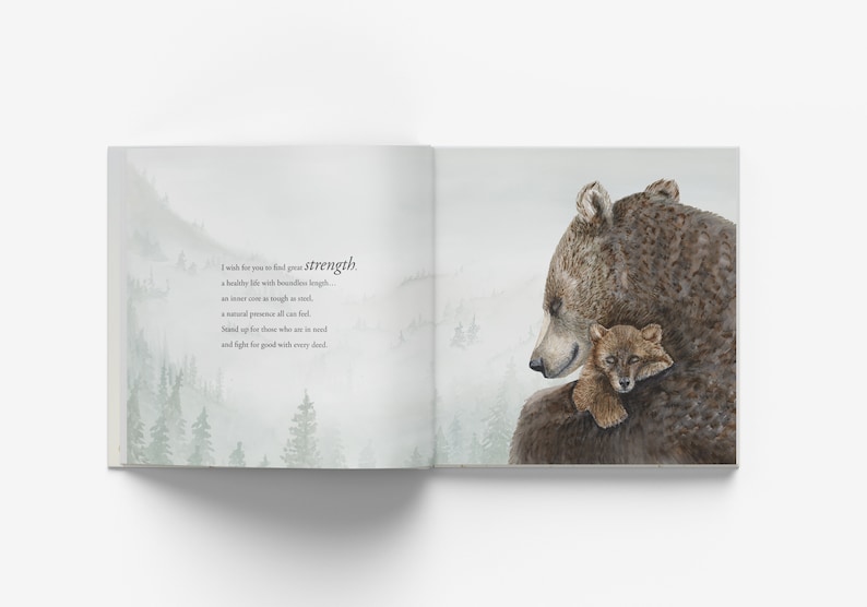 May include: A watercolor illustration of a brown bear hugging a smaller fox cub. The image is accompanied by a poem about strength, with the word "strength" highlighted in bold.