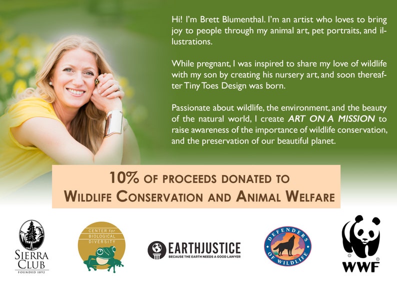 May include: A woman smiles while holding a book with the text "10% of proceeds donated to Wildlife Conservation and Animal Welfare". The image also features logos for the Sierra Club, Center for Biological Diversity, Earthjustice, Defenders of Wildlife, and WWF.