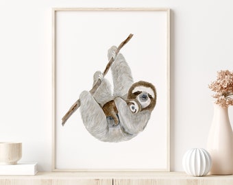 Sloth Art, Mom and Baby Sloth Nursery Print, Cute Sloth Wall Art, Jungle Nursery Decor, Sloth Watercolor, Jungle Animal Print, Tropical