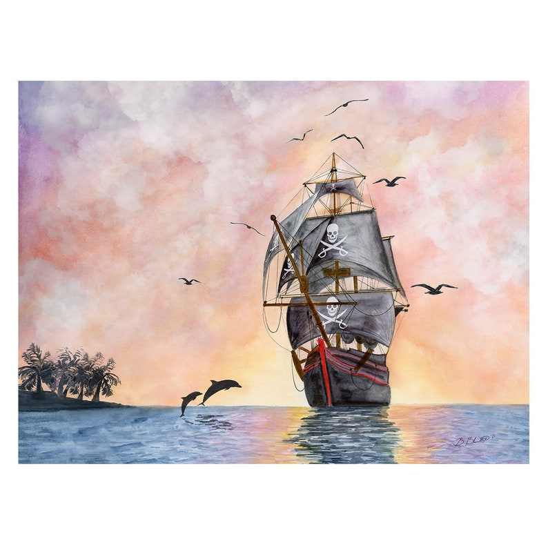 Puede incluir: Un barco pirata negro con banderas de calavera y huesos cruzados navega en un mar tranquilo al atardecer. Dos delfines saltan del agua en primer plano. El cielo es una mezcla de rosa, naranja y morado.
