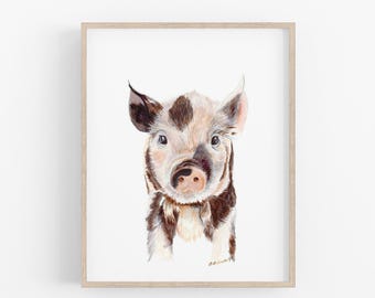 Baby Pig Nursery Wall Art, Piglet Watercolor Print, Farmhouse Playroom Decor