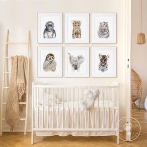 Set van 6 prints met jungle-babydieren, genderneutrale muurdecoratie voor de babykamer.