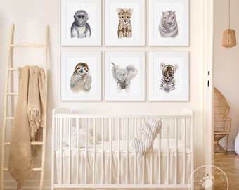 Jungle Baby Animal Print Set of 6, Gender Neutral Nursery Wall Art