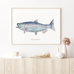 Königslachs Art Print, Lachs Aquarell, Realistischer Fisch, Chinook Lachs Kunst, Angeln Geschenk, Fischer Dekor, Mann Höhle Wandkunst