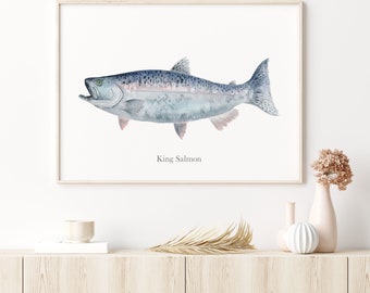 King Salmon Art Print, Salmon Watercolor, Realistic Fish Decor, Chinook Salmon Art, Fishing Gift, Fisherman Decor, Man Cave Wall Art