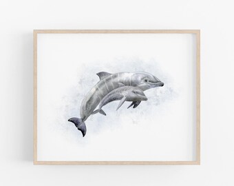 Stampa con mamma e cucciolo di delfino, decorazione murale per cameretta a tema marino