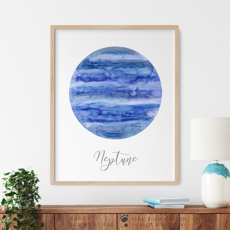 Planet Print, Neptune Poster, Science Teacher Gift, Planet Watercolor Wall Art, Space Wall Art, Kids Room Decor, Astronomy Gift 画像 1