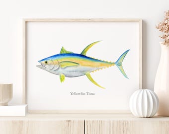Yellowfin Tuna Watercolor Print, Fish Wall Art, Deep Sea Fishing Decor