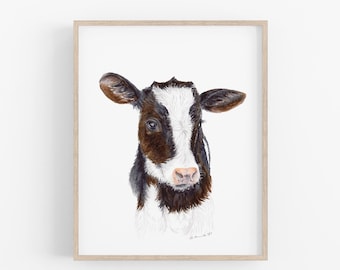 Jersey Cow Nursery Wall Art, Baby Farm Animal Watercolor Print, Kitchen Decor