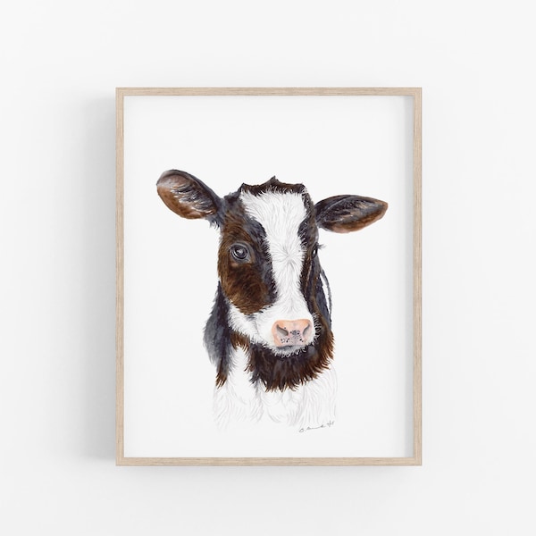 Jersey Cow Nursery Wall Art, Baby Farm Animal Watercolor Print, Kitchen Decor