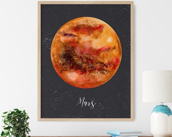 Planet Watercolor, Mars Art Print, Planet Mars Art, Mars Print, Astronomy Poster, Space Nursery Decor, Astronomy Gift, Kids Room Decor, Mars