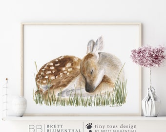 Adorabile stampa artistica con cervo addormentato / stampa ambientata nel bosco per la cameretta del bambino
