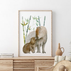 Capybara Print, Rainforest Animal Art, Jungle Nursery Art, Capybara Watercolor, Capybara Gift, Mom and Baby Animal Wall Art, Cute Animal Art