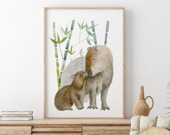 Impresión de capibara, arte animal de la selva tropical, arte del vivero de la selva, acuarela de capibara, regalo de capibara, arte de pared de animales de mamá y bebé, arte animal lindo