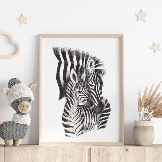 Watercolor Zebra Safari Nursery Decor - Mom and Baby Zebra Art - Safari Animal Print - Baby Girl Room Decor - Boy Wall Art - Baby Gift