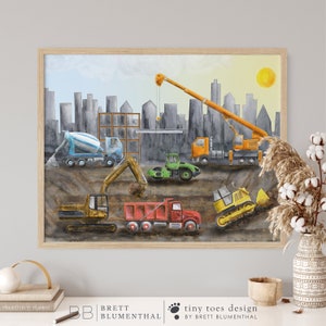 Stampa artistica di costruzioni, decorazioni per cameretta dei bambini, stampe murali per bambini con tema "cantiere edile", illustrazioni di camion dei costruttori, sala giochi con camion, decorazioni per feste di compleanno