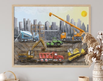 Construction Art Print, Boy Nursery Decor, Construction Site Kids Wall Art, Builder Truck Illustration, Trucks Playroom, Birthday Party Art