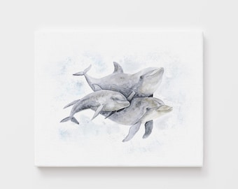 Stampa per cameretta con famiglia di delfini, quadro murale a tema oceano ad acquerello