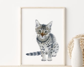 Kitten Watercolor Print, Cat Painting Wall Art, Cute Animal Nursery Print for Baby Boy or Girl, Room Decor, Gray Neutral Art