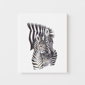 A close-up portrait of a zebra, with its distinctive black and white stripes and mane, is depicted in the image.