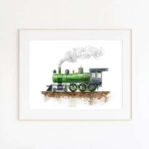 Train Nursery Art Print, Boy Wall Art, Green Steam Train Decor for Boys Room, Trains Theme Toddler Playroom Decoration