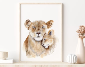 Safari Nursery Decor, Lion Wall Art, Animal Nursery Print, Mom and Baby Animal, Lion Nursery, Animal Art, Watercolor Lion Print