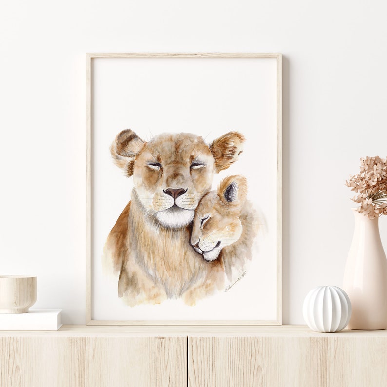 Safari Nursery Decor, Lion Wall Art, Animal Nursery Print, Mom and Baby Animal, Lion Nursery, Animal Art, Watercolor Lion Print image 1
