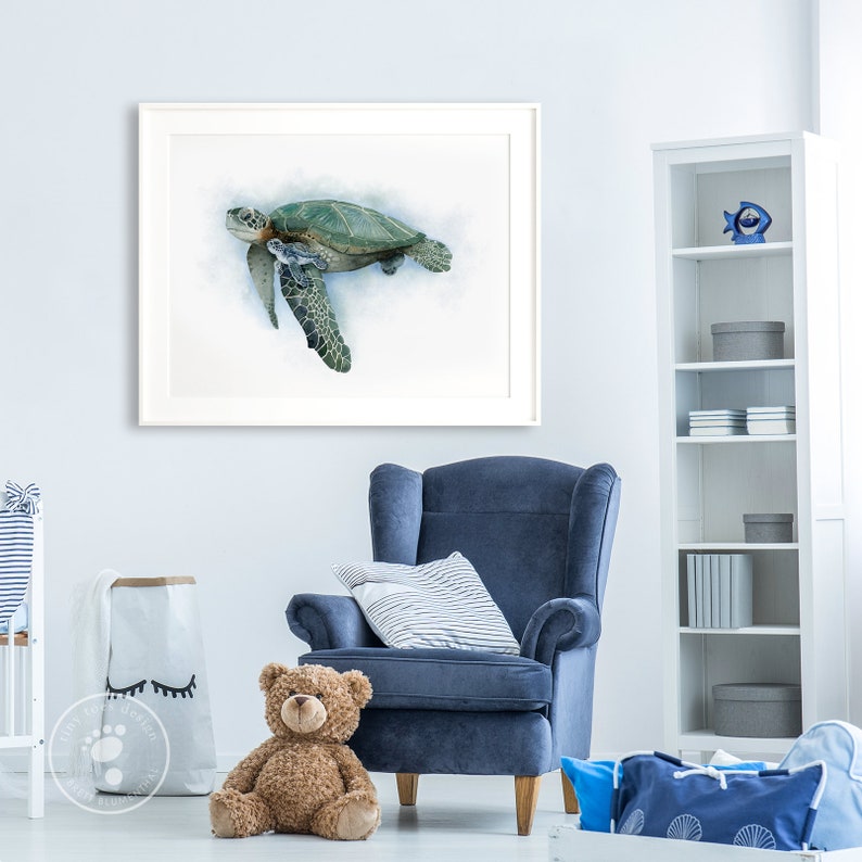 Sea Turtle Art, Mom and Baby Sea Life Print, Turtle Watercolor, Ocean Nursery Decor, Sea Turtle Wall Art, Coastal Decor, Tropical Wildlife image 5