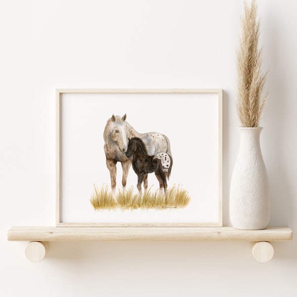 Appaloosa Horses Print, Mom and Baby Horse Art, Horse Watercolor, Mare and Foal Print, Farmhouse Decor, Horse Painting, Baby Girl Wall Decor