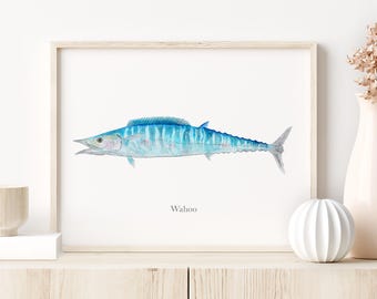Wahoo Watercolor Print, Fish Wall Art, Deep Sea Fishing Decor