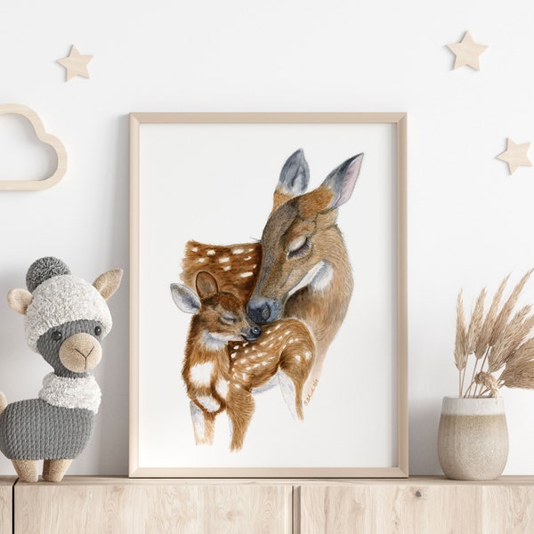 Deer Watercolor - Mom and Baby Woodland Animal Painting - Nursery Print - Deer Painting - Deer Nursery - Woodland Print - Woodland Nursery