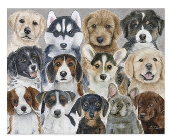 May include: A collage of 12 different dog breeds, each with a unique and adorable expression. The dogs are all puppies and are arranged in a grid pattern. The background is a light gray color.