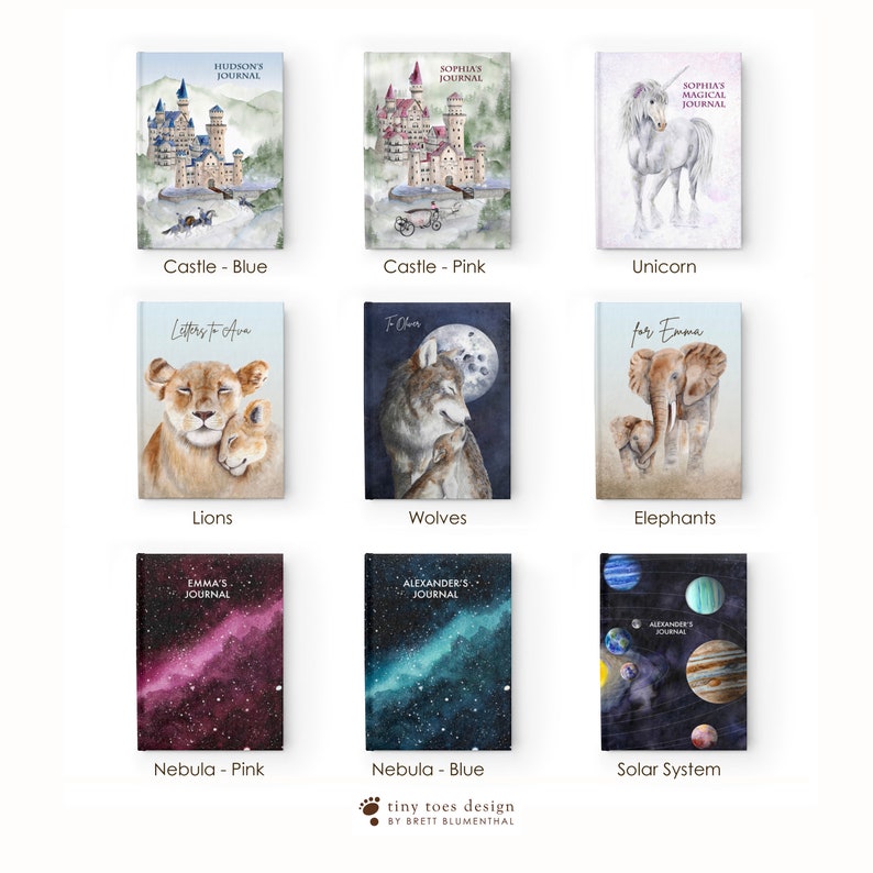 May include: Nine different watercolour illustrations of journal covers. The covers feature a castle, unicorn, lions, wolves, elephants, nebula, and a solar system. Each cover has a different colour scheme and is labelled with a name and a description.