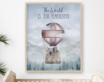 Safari Nursery Wall Art | Zebra and Elephant Balloon Print | Baby Girl Room Decor | Adventure Nursery | Playroom Art | Pink Kids Print