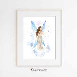 May include: A watercolor painting of a fairy with blue wings and a white dress. The fairy is holding a purple flower in her hand. The background is a white wash with purple and blue splatters.
