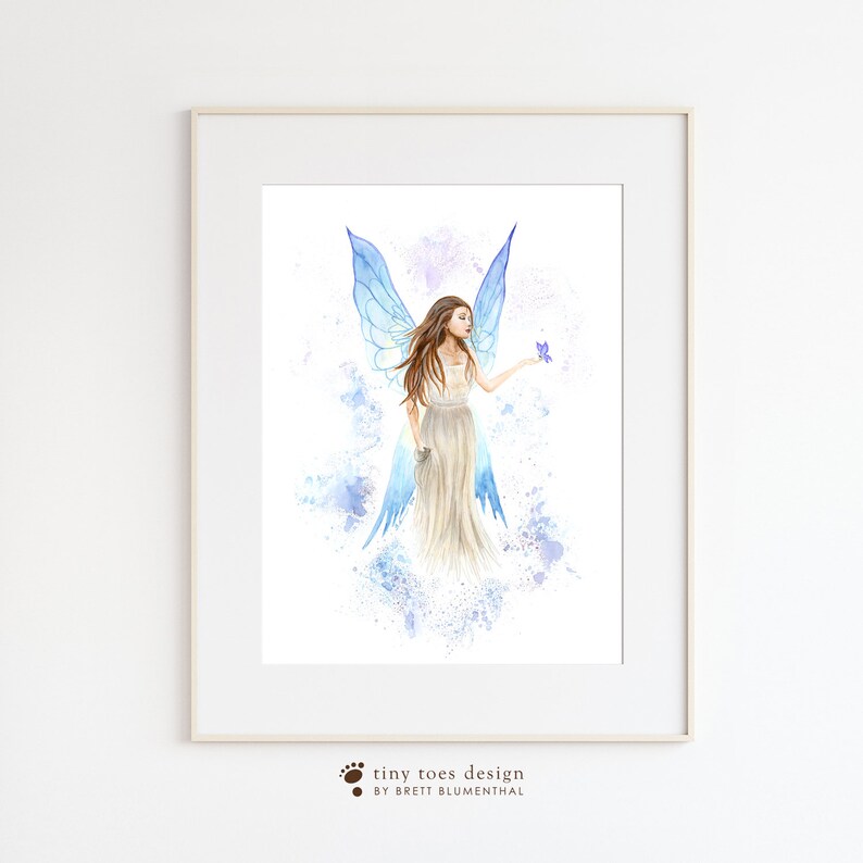 May include: A watercolor painting of a fairy with blue wings and a white dress. The fairy is holding a purple flower in her hand. The background is a white wash with purple and blue splatters.