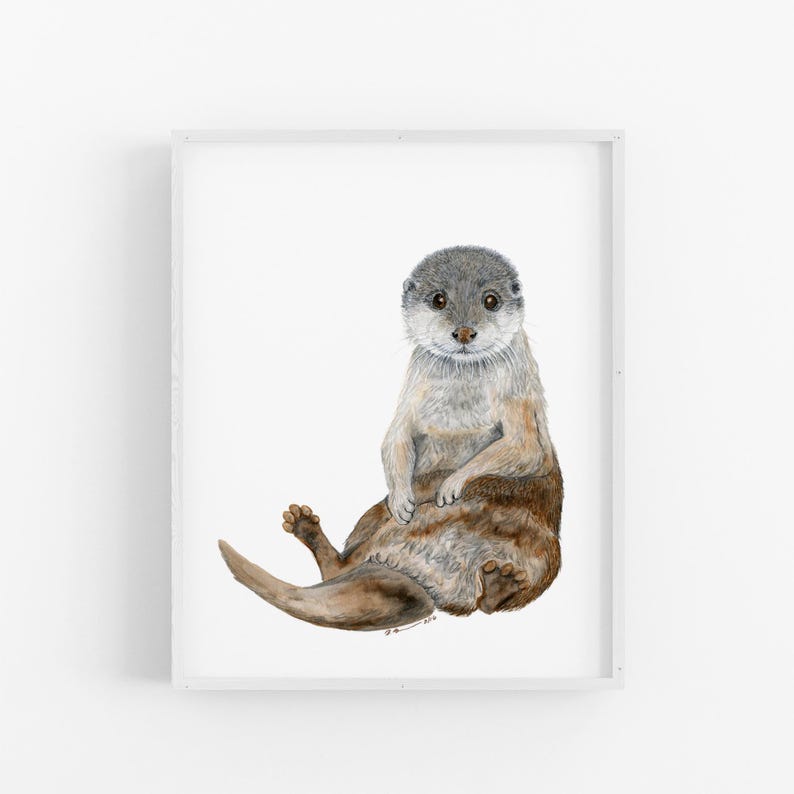 A watercolor painting of an otter sitting on its hind legs with its front paws resting on its belly.