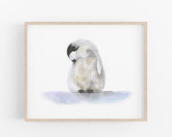 Penguin Chick Watercolor Print, Scandinavian Baby Room Decor, Animal Nursery Wall Art