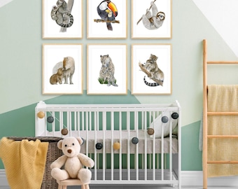 Jungle Animal Print Set of 6, Mom and Baby Tropical Nursery Wall Art