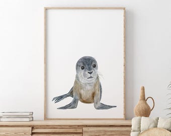 Monk Seal Nursery Print, Watercolor Coastal Wall Art