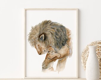 May include: A watercolor painting of a lion and a lion cub. The lion is brown with a dark mane and is holding the cub in its paws. The cub is looking up at the lion.
