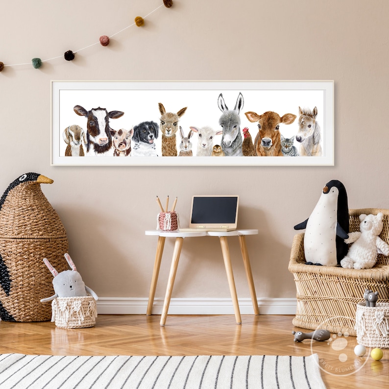 May include: A white framed print with a watercolor illustration of a variety of farm animals, including a cow, a donkey, a goat, a chicken, a rabbit, and a llama. The animals are all looking at the viewer.